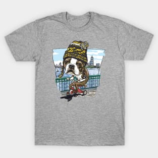 Boston Terrier Dog with Black and Yellow Winter Beanie T-Shirt